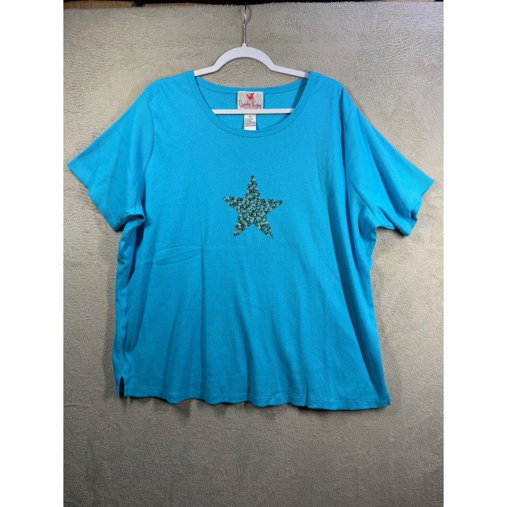 Quacker Factory Sequin Star Top Women 2X Blue Short Sleeve Art To Wear Ribbed